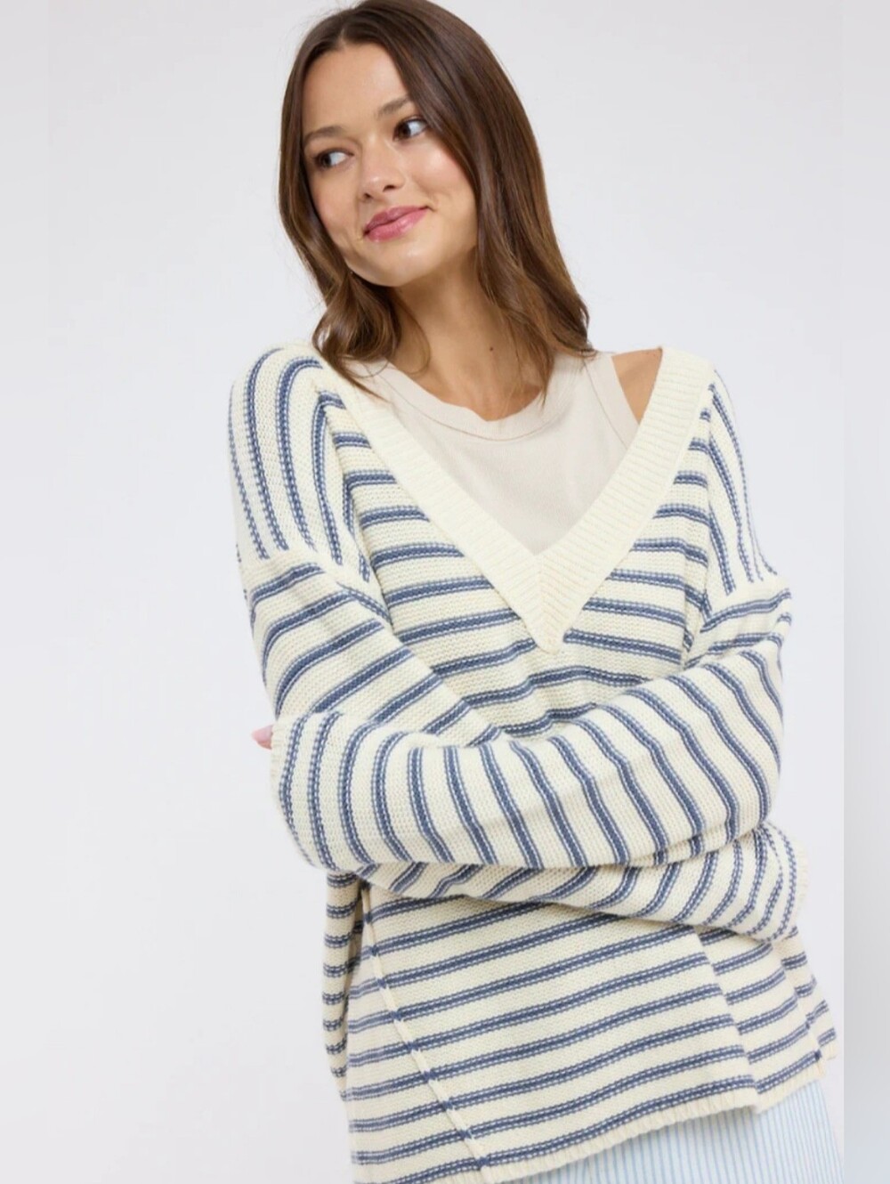 Striped Drop Shoulder V-Neck Sweater